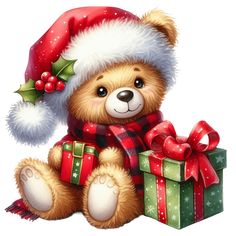 a brown teddy bear wearing a santa hat and holding a gift box