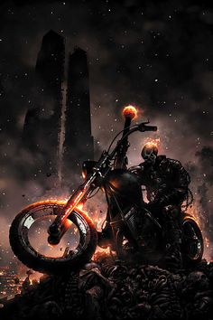 a man riding on the back of a motorcycle in front of a dark sky with clouds