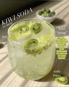 kiwi soda in a glass with ice and lime slices on the rim, labeled kiwi soda