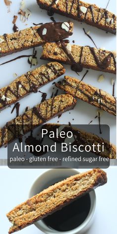 paleo almond biscotti with chocolate drizzled on top and in the middle