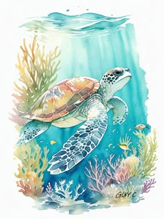 a watercolor painting of a turtle swimming in the ocean with corals and seaweed