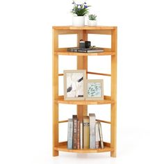 a wooden shelf with books and pictures on it's sides, in front of a white background