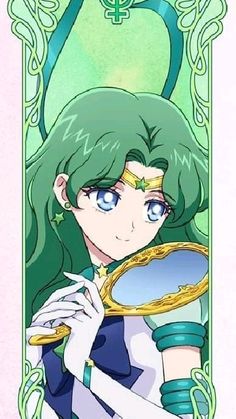 an anime character with green hair holding a mirror