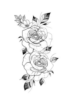 a black and white drawing of three roses