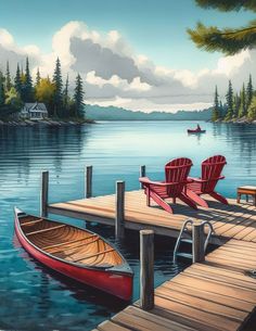 a painting of two red chairs sitting on a dock next to a lake with a boat in the water