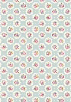 a blue and white wallpaper with pink flowers on it