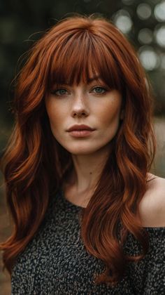 Fall Hair Colors Dark Copper Curtain Bangs 🍁 Red Golden Brown Hair, Dark Natural Red Hair Color, Shoulder Length Red Hair With Layers, Dyed Copper Hair, Dark Hair With Copper Highlights, Dark Copper Red Hair Color, Dyed Ginger Hair