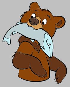 a brown bear holding a fish in its mouth and wearing a blue scarf around it's neck