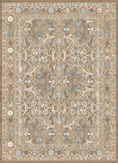 a beige and blue rug with an intricate design