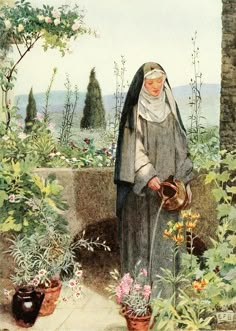 a painting of a nun holding a watering can in a garden with potted plants