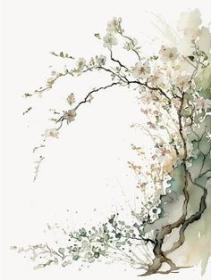 an artistic painting of a tree with white flowers on it's branches and green leaves