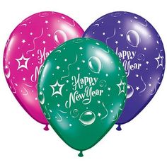 three balloons with happy new year lettering on them