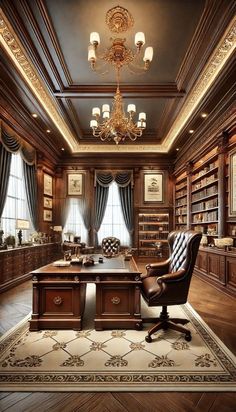 a large wooden desk sitting in front of a book shelf filled with books on top of it