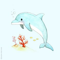 a drawing of a dolphin jumping out of the water with corals and seaweed