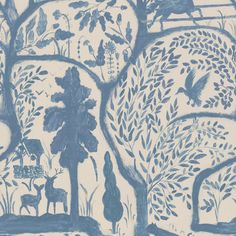 a blue and white wallpaper with trees, animals and birds