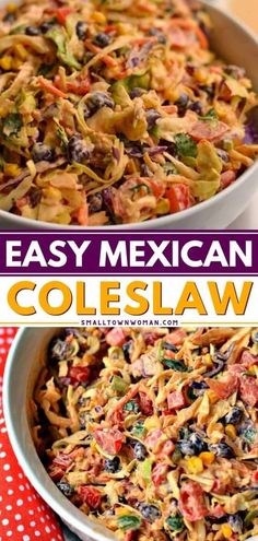 mexican coleslaw in two bowls on a red and white tablecloth