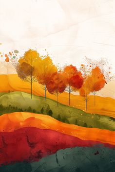 an abstract painting with trees and hills in fall colors on the side of a hill