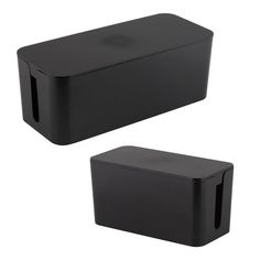 two black storage boxes sitting next to each other on a white background, one is empty and the other has no lid