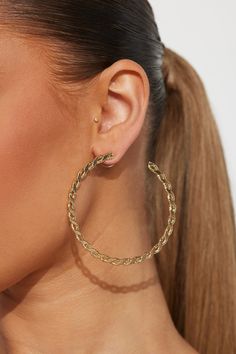 Available In Gold. Hoop Earrings Chain Design Post Back Closure Metal Final Sale Imported California Proposition 65 WARNING: Cancer and Reproductive Harm - www.P65Warnings.ca.gov. | Get What You Give Hoop Earrings in Gold by Fashion Nova Get What You Give, Earrings Chain, Cruise Outfits, Chain Design, Earrings In Gold, Gold Fashion, Gold Hoop, Gold Hoop Earrings, Accessories Earrings