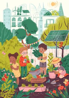 children work in the garden with solar panels