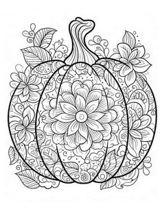 a black and white drawing of a pumpkin with flowers on the inside, surrounded by leaves