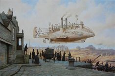 a painting of a large boat floating over a city with lots of people standing around it