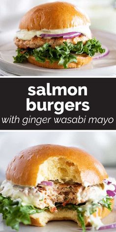 salmon burgers with ginger wasabi mayo on a white plate and then topped with lettuce