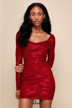 You're sure to get more than a few compliments in the Lulus Sultry Occasion Wine Red Mesh Floral Long Sleeve Mini Dress! Stretchy mesh, with floral accents throughout, shapes long fitted sleeves with elastic at the shoulders. Bodice has a subtle sweetheart neckline and a draped detail at the front. Fitted waist tops a bodycon skirt that falls to a mini hem. Hidden zipper/clasp at back. Fit: This garment fits true to size. Length: Mid-thigh. Size medium Bust: Great for any cup size. Waist: Fitted Red Long Sleeve Mini Dress, Red Mesh Dress, Mesh Floral Dress, Bustier Mini Dress, Orange Mini Dress, Red Long Sleeve Dress, Floral Bustier, Bodycon Skirt, Bustier Dress