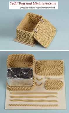 two pictures of different items made out of rope and wood, one has a box with handles