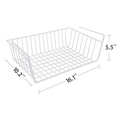 a white wire basket is shown with measurements