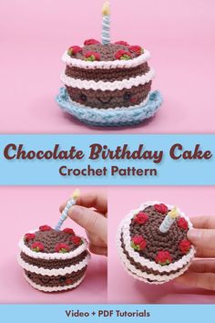 Chocolate Cake Birthday Crochet Amigurumi Pattern Tutorial Cake Crochet Pattern Free, Free Crochet Birthday Cake Pattern, Crochet Cake Box Pattern, Amigurumi Birthday Cake, Crochet Cake