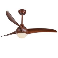 a brown ceiling fan with two blades and a light on it's blade,