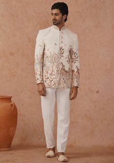 Off White Embellished Jodhpuri Set Kalpraag - Fabilicious Fashion Men’s Haldi Outfit, Jodhpuri Wedding Suit, Mens Mehendi Outfits, Engagement Outfit For Men Indian, White Jodhpuri Suit Men, Shaadi Outfits For Men, Men Sangeet Outfits, Marriage Outfits Men Indian, Jodhpuri For Men Wedding