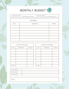 a printable budget sheet with green leaves on the bottom and an image of a blue bird