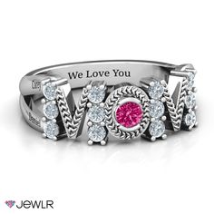 Fashioned with the word "MOM" and centered with a main stone and further embellished with twelve smaller stones in a partial chevron engraved setting. Tell Mom you love her by customizing with her birthstone in the center and your choice of color stones to support. Make sure to personalize with engravings on the outside and inside the ring. Heart Infinity Ring, Mothers Rings, Mothers Day Rings, Mom Ring, Split Shank Ring, Mother Rings, Color Stones, Mens Engagement, Silver Prices