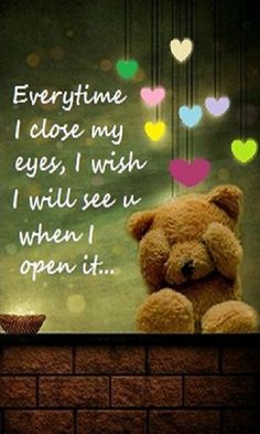 a teddy bear sitting on top of a brick wall next to a sign that says everyone i close my eyes, wish i will see u when i open it