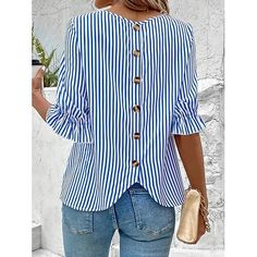 Season:Summer; Sleeve Length:Half Sleeve; Gender:Women's; Style:Bohemia,Elegant; Tops Type:Blouse,Dressy Tops; Occasion:Work; Pattern:Striped; Design:Ruffle,Buttons; Neckline:Crew Neck; Brand:Shall We; Front page:FF; Listing Date:06/04/2024; Clothing Length:null; Bust:null; Shoulder Width:null; Sleeve:null; Fit US Size:null; Fit UK Size:null; Fit EU Size:null Jeans Overall, Cami Shirt, Jeans Cargo, Cardigan Sweater Dress, Maxi Robes, Blazer And Shorts, Summer Blouses, Yoga Shorts, Dressy Tops