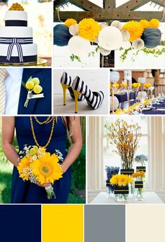 a collage of yellow and blue wedding colors with flowers, hats, and decorations