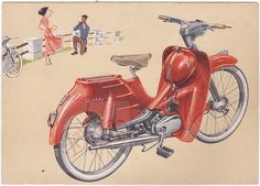 a drawing of a red motorcycle parked next to a man on a bench with a woman standing behind it