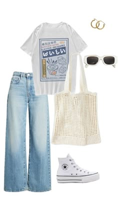 a pair of jeans, white t - shirt and converse sneakers