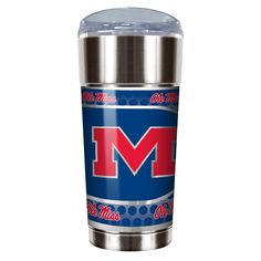 the university of mississippi travel mug is shown