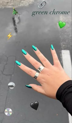 Long Almond Acrylic Nails Chrome, Green Crome Nails Almond, Green Nails With Chrome Powder, Green Chrome Square Nails, Dark Green Holographic Nails, Chrome Emerald Nails, Metallic Turquoise Nails, Colorful Prom Nails, Aquamarine Chrome Nails