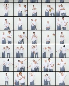 multiple shots of a man in white shirt and blue pants doing different poses with his hands up