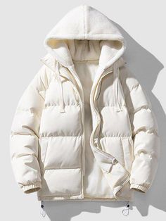 Color Spliced Fluffy Hooded Quilted Padded Jacket - White M Thick White Casual Outerwear, Casual Thick White Outerwear, Casual White Cotton Puffer Jacket, White Cotton Casual Puffer Jacket, White Zip Fly Outerwear For Winter, Casual White Puffer Jacket With Fleece Lining, White Winter Sports Puffer Jacket, Cotton Outerwear For Winter Sports, Winter Jacket Men Parkas