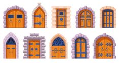 set of different doors and windows in the style of cartoonism, isolated on white background