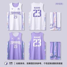 the basketball uniform is purple and white