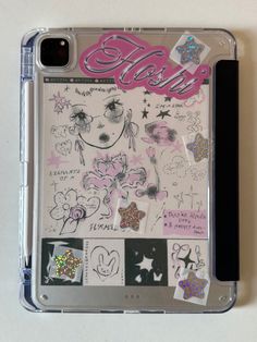 a clear case with some stickers on it