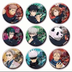 six anime buttons with different characters on them