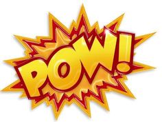 the word pow is written in red and yellow with an explosion effect on it's side