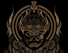 an image of a demon mask in gold and black on a black background with intricate details